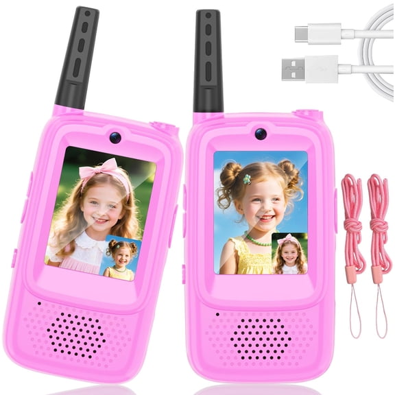 Video Walkie Talkies for Kids 2 Pack Handheld Rechargeable Video Intercom Walkie Talkies with Screen Display, Indoor Outdoor Toys for Age 3-12 Year Old Girls Boys,Pink