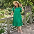 thumbnail image 3 of GRACE & GRANDEUR Women's Plus Size Mock Neck Tie Back Petal Short Sleeves Ruffled Hem A-Line Layered Swing Dresses 1X Green, 3 of 8