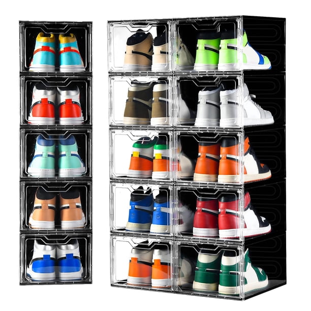 Organizador de zapatos XL, paquete de 12, caja de zapatos de plástico transparente apilable con puerta transparente