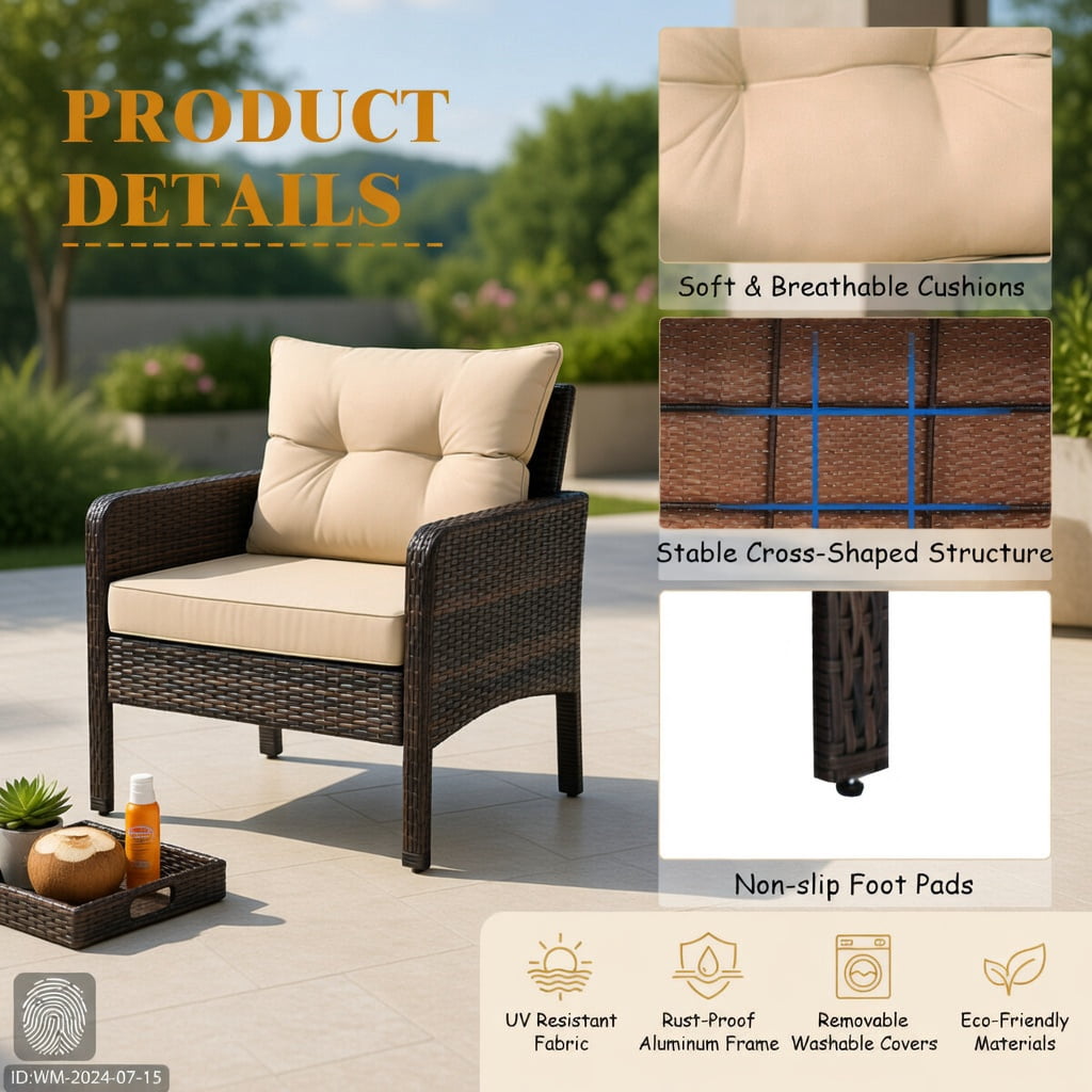 Hommoo 3-Piece Outdoor Wicker Patio Conversation Set with Plush Seat & Back Cushions, PE Rattan Chairs + Tempered Glass Coffee Table, Brown