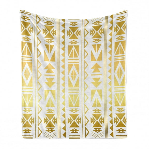 Ethnic Soft Flannel Fleece Throw Blanket, Abstract Borders from Prehistoric Cultures with Ombre Effect, Cozy Plush for Indoor and Outdoor Use, 50" x 70", Yellow and White, by Ambesonne