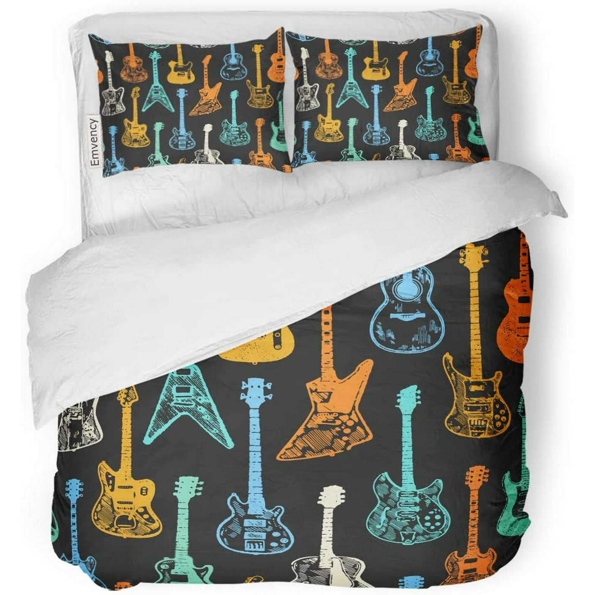 HATIART 3 Piece Bedding Set Outline Colorful Electric Acoustic Guitar Collection Rock Music Abstract Twin Size Duvet Cover with 2 Pillowcase for Home