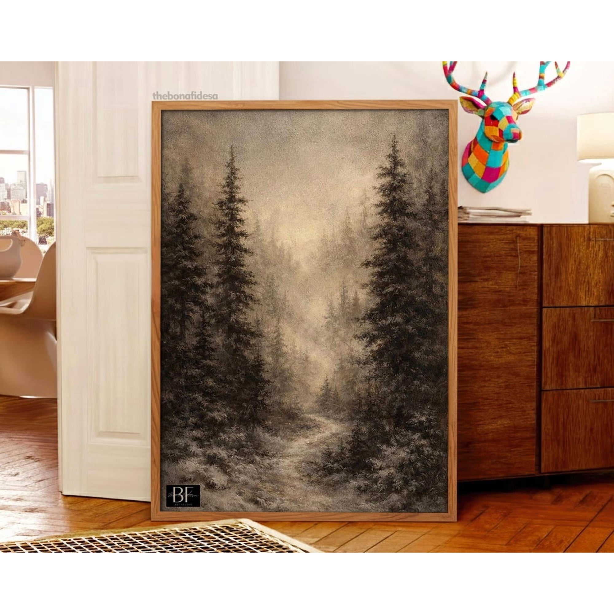 Snowy Forest Winter Landscape Christmas Pine Trees Rustic Woodland Cabin Wall Art Print Seasonal Living Room And Home Decor