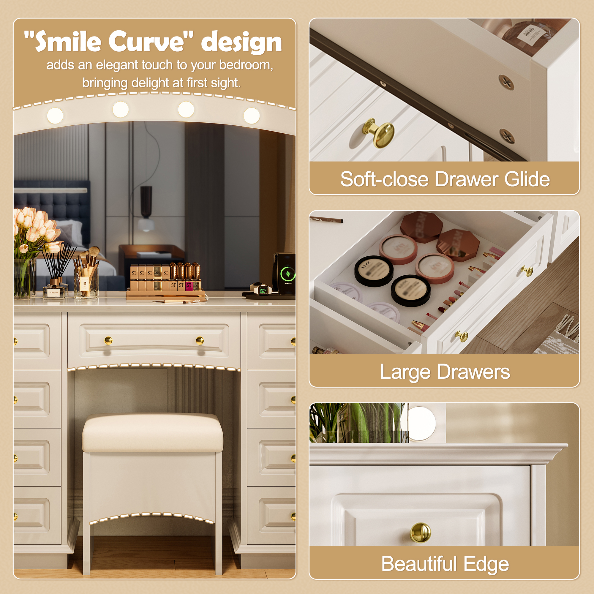 Yoneston Luxurious Makeup Vanity with 10 Hollywood LED Mirror, Classic Dressing Table with 9 Drawers & Cushion Storage Stool for Bedroom, Dressing Room, White