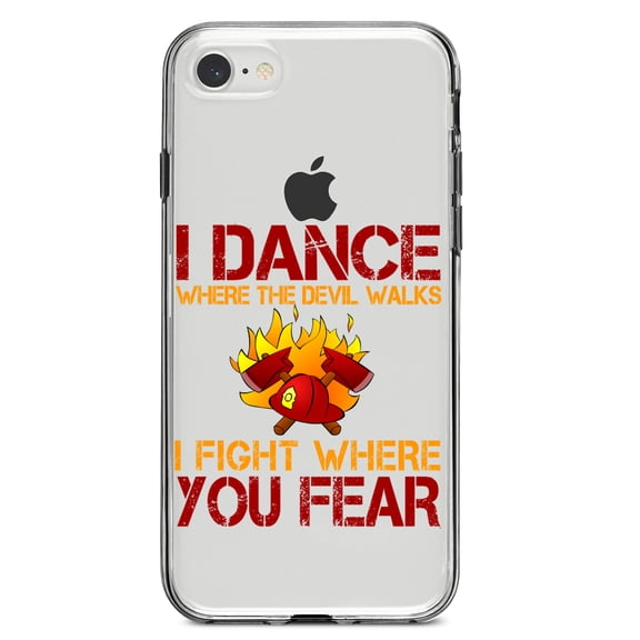 DistinctInk Clear Shockproof Hybrid Case for iPhone 7 8 SE (2020 Model) 4.7" Screen TPU Bumper Acrylic Back Tempered Glass Screen Protector - Firefighter - I Dance Where the Devil Walks