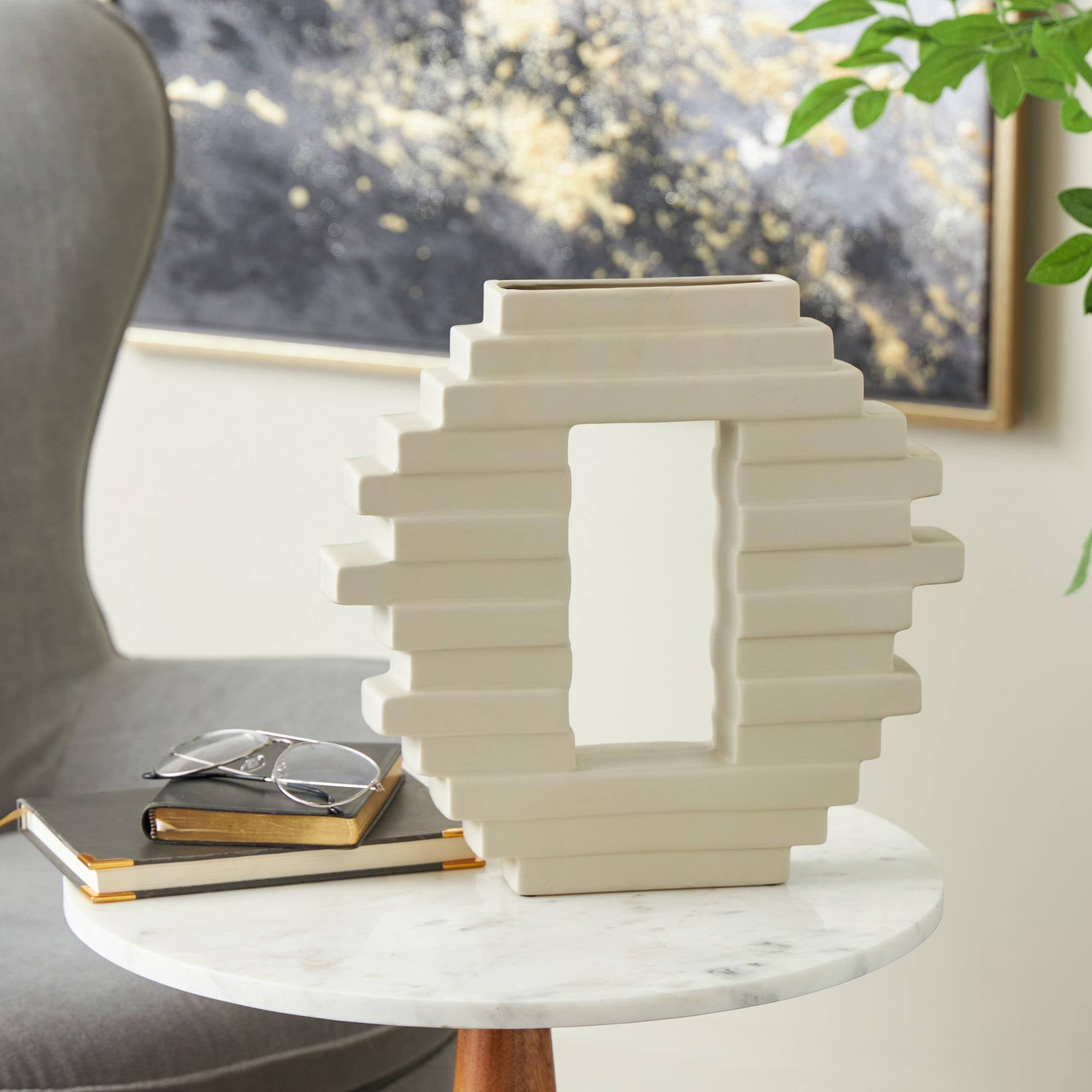 DecMode 12" Abstract Cream Ceramic Vase with Rectangular Center Cutout