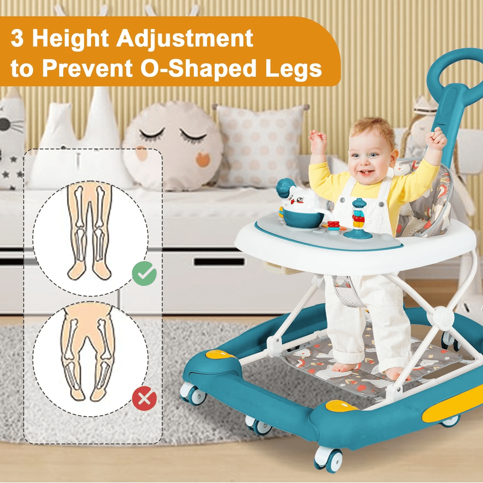 PUEDO 6 in 1 Baby Walker with Wheels for Babies 6-24 Months, Foldable Push Walker for Boys Girls, Green