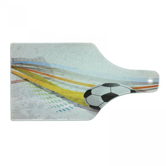Teen Room Cutting Board, Soccer Background with Football Colorful Lines Sports Game with Digital Display, Tempered Glass Cutting and Serving Board, Wine Bottle Shape, Multicolor, by Ambesonne