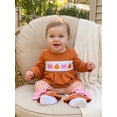 thumbnail image 4 of Loicainy Baby Toddler Girl Halloween Outfits 6 12 18 24 Months 2T 3T 4T Pumpkin Bow Embroidery Long Sleeve Round Neck Tops + Elastic Waist Plaid Flare Pants 2 Pcs Clothes Set, 4 of 9