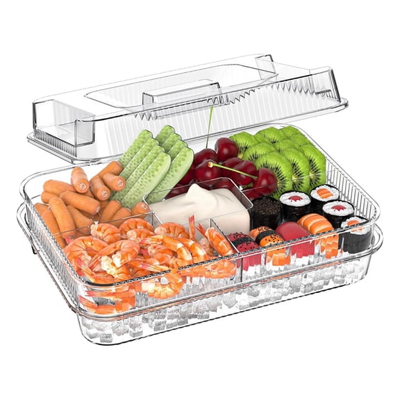 Chilled Serving Trays for Parties 13Inch Ice Partys Platter with Lid and 4 Compartments,Clear Fruit