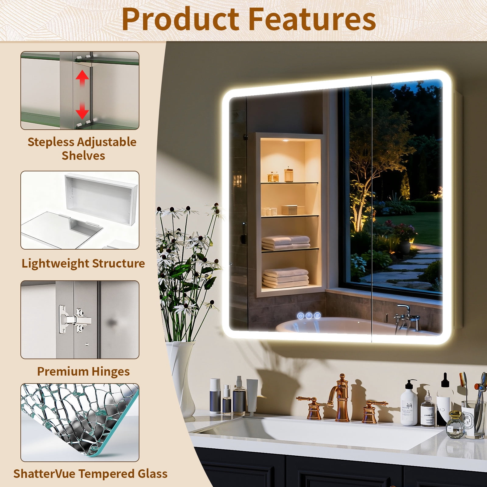 BEAUTYPEAK 30" x 32" Bathroom LED Mirror Medicine Cabinet with Storage Adjustable 3 Color Temperature