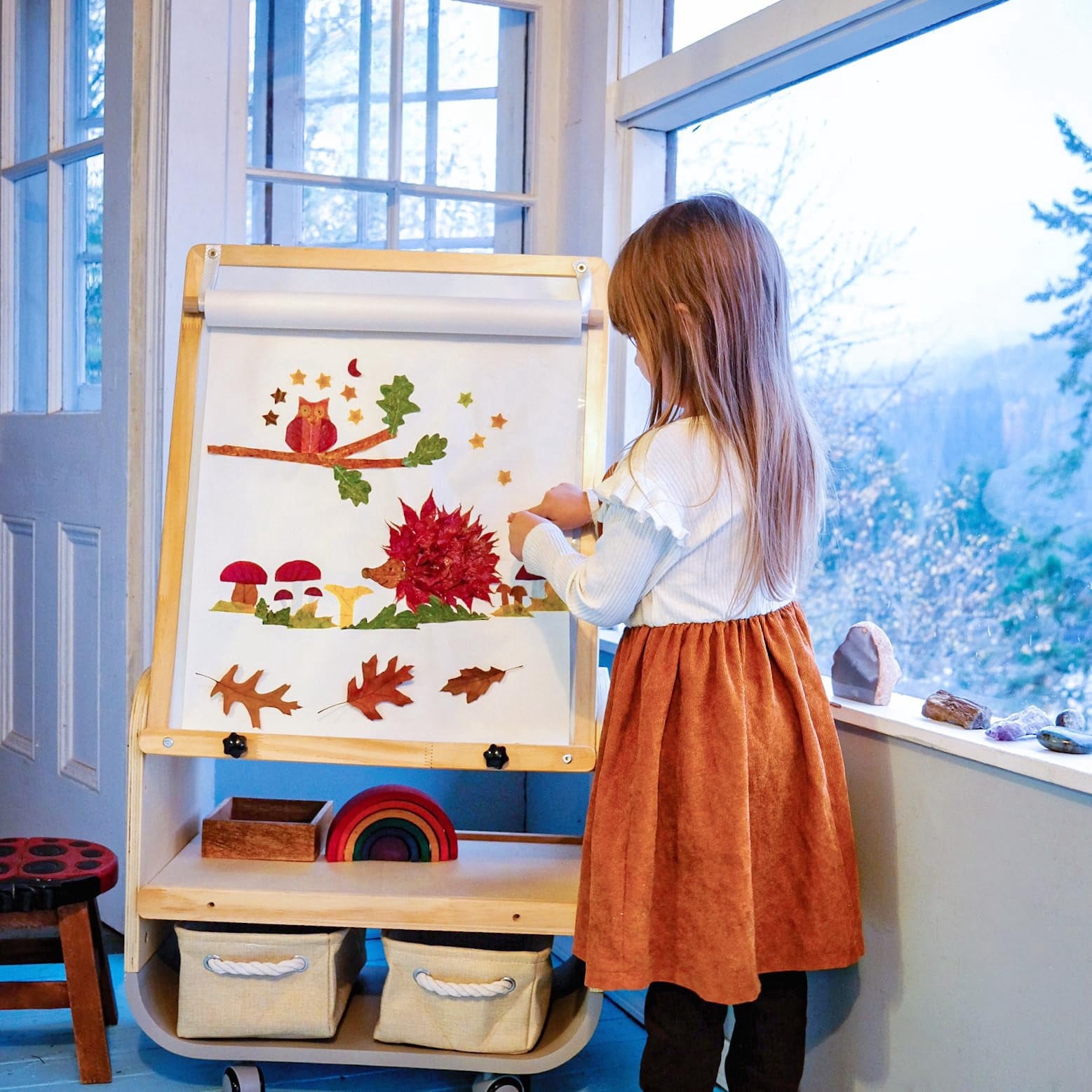 3-in-1 Art Easel for Kids Double-Sided Board Easel with Wheels and Storage Bags Adjustable Height Easel for Toddlers Magnetic Chalkboard & Whiteboard,Grey