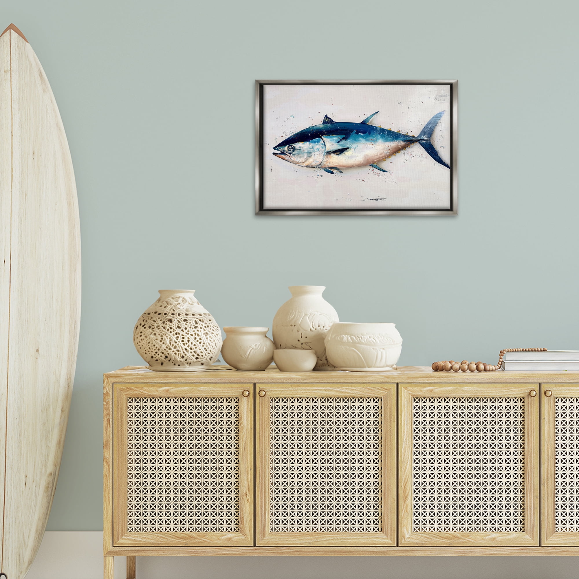 Stupell Industries Tuna Fish Sea Life Animals Painting Gray Floater Framed Canvas Art Print Wall Art, 25 x 17