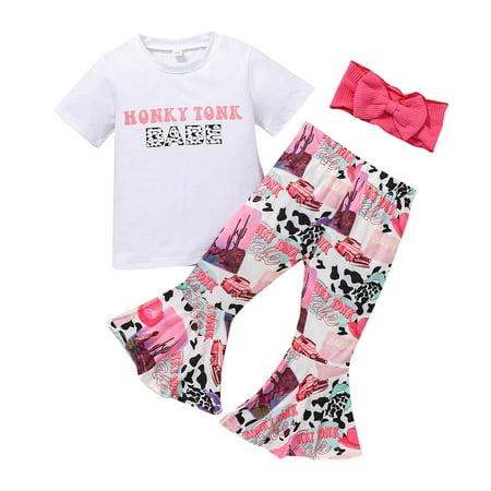 

ASEIDFNSA Kids Short Set Personalized Pajamas for Toddlers Toddler Girls Short Sleeves Kids Cow Top Letters Prints Outfits Set Floral Bell Bottom Pants Flared Girls Hairband Outfits Set