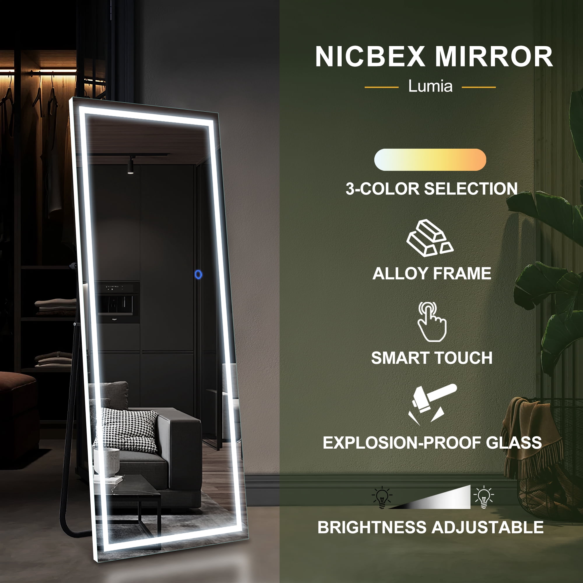 MAYEERTY 63"×20" White LED Aluminum Rectangular Full-Length Mirror Stable Stand for Bedroom