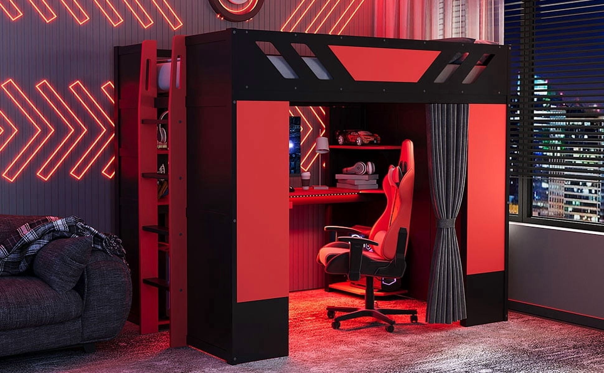 Mintazer Full Size Loft Bed with RGB Light & Desk, Cool Gaming Bed with Blackout Curtains & Storage Shelves for Dorm, Apartment, Black & Red