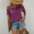 thumbnail image 2 of ZQGJB Off the Shoulder Tops for Women Casual Summer Short Sleeve Strappy Cutout Plain Tees Shirt Loose Relaxed Fitted Comfy Pullover Blouse Purple XL, 2 of 7