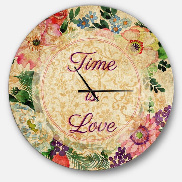 Designart 'Time is Love Pink Floral ' Vintage wall clock