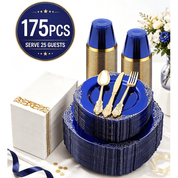 Goodluck Disposable Plastic Dinnerware Set 175PCS for 25 Guests Clear Blue Plates with Gold Trim, Gold Silverware, Cups, Napkins for Party, Wedding & Graduation