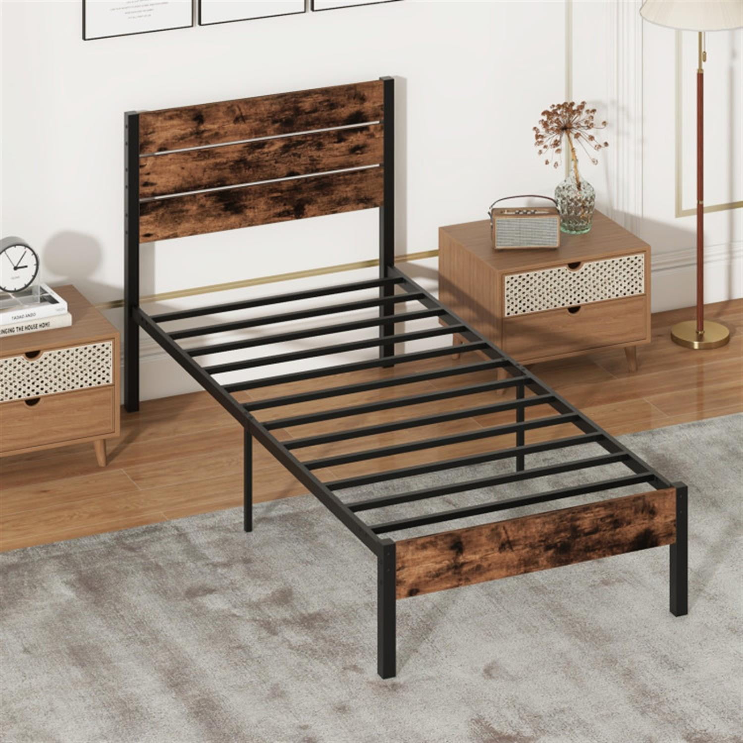 Demi Bonn Twin Size Bed Frame with High Headboard and Mute Bar, Industrial Metal Platform Bed Frame with Under Bed Storage, No Box Spring Needed, Brown