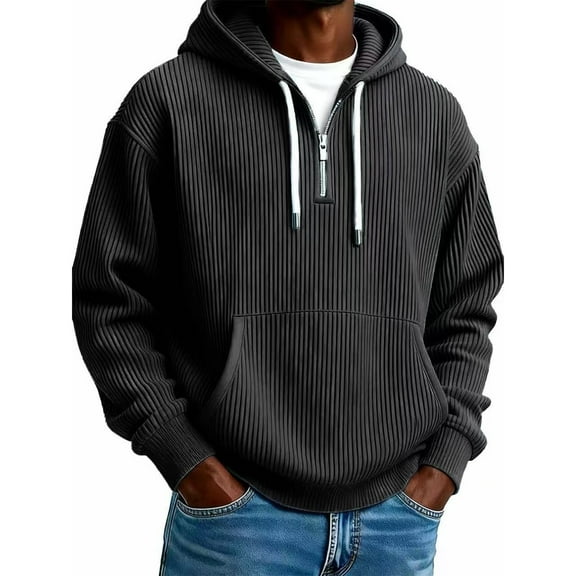 QHRMKOG Mens Hoodies Loose Fit Long Sleeve 1/4 Zipper Hooded Sweatshirt Solid Color Waffle Knit Shirts Fall Casual Warm Fleece Top Black 2XL