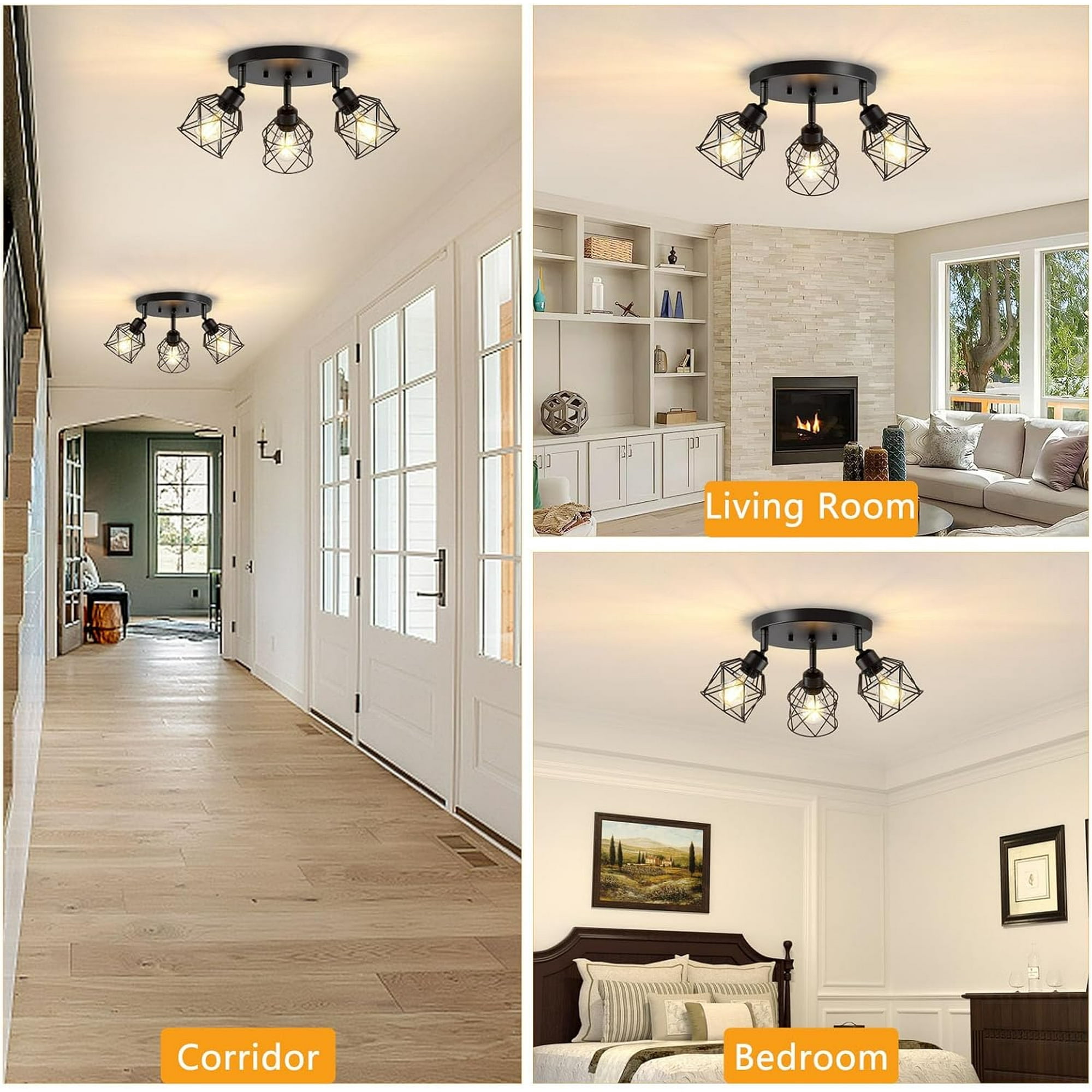 3-Light Kitchen Light Fixtures Ceiling Mount, Adjustable Multi-Directional Ceiling Fixture, Farmhouse Black Metal Cage Flush Mount