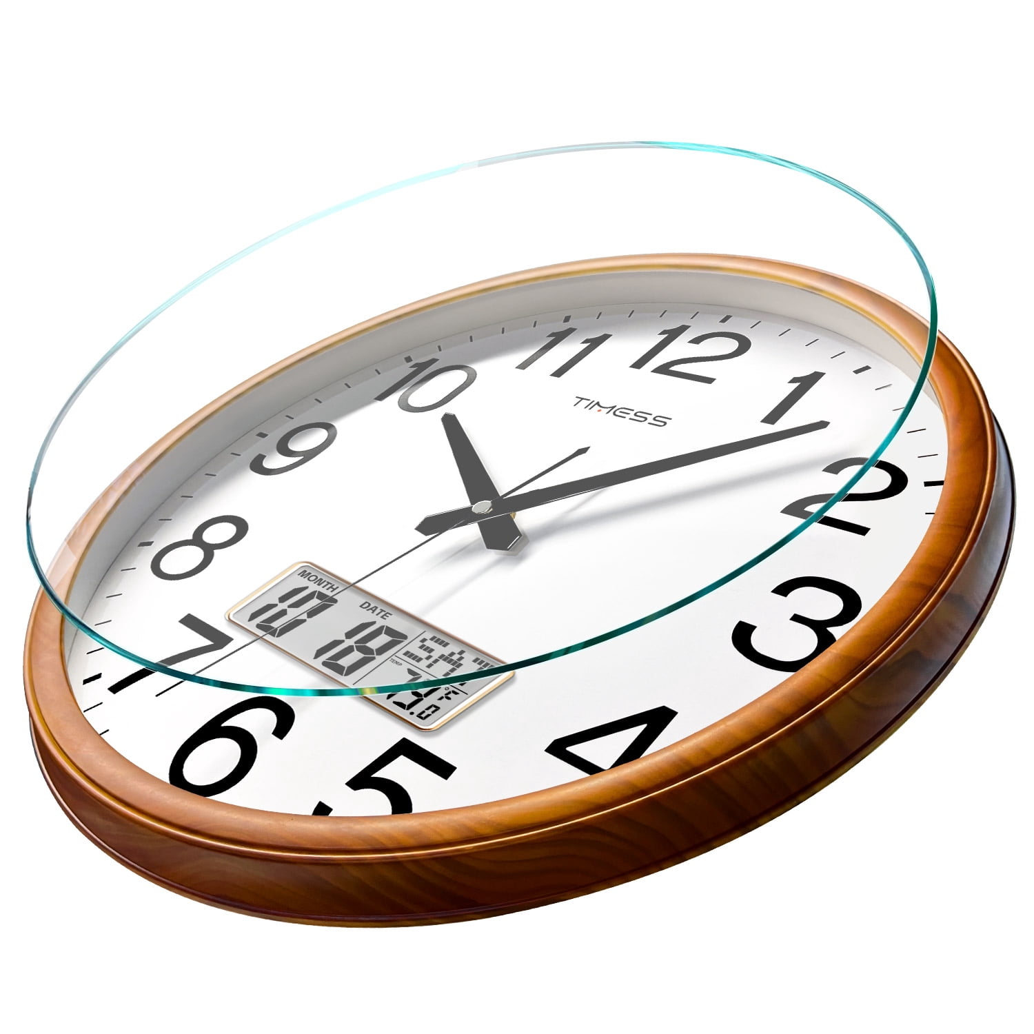TIMESS 13" Digital Wall Clock with Light Wood Frame, Built-in Calendar & Thermometer, Quiet Quartz