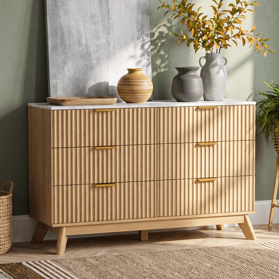 Homall 6 Drawer Double Dresser for Bedroom, Modern Fluted Wide Dresser Chest of Drawers with Marble-Pattern Top, Wood Storage Dresser for Living Room, Entryway, Natural