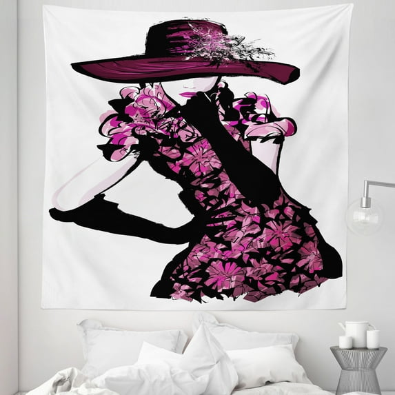 Fashion Tapestry, Woman Furry Hat and Floral Dress Nostalgic Magazine Catwalk Look Feminine, Fabric Wall Hanging Decor for Bedroom Living Room Dorm, 5 Sizes, Fuchsia Black, by Ambesonne
