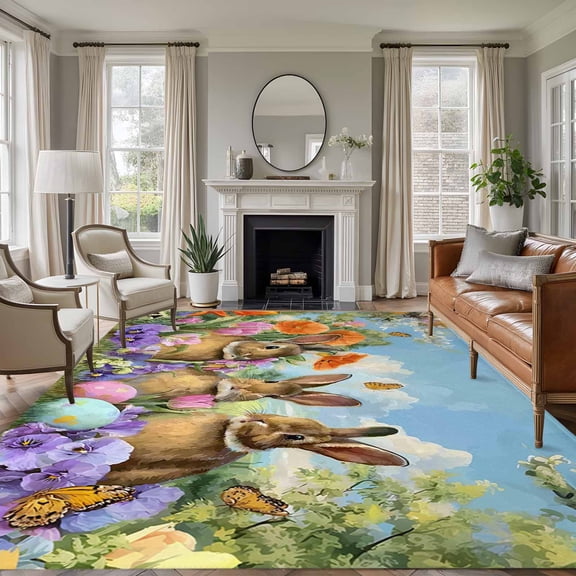 Large Area Rugs for Living Room Bedroom, Easter Bunnies 6'x9' Rug Washable Carpet Runner Indoor Outdoor, Spring Easter Eggs Garden Floral Non Slip Floor Mats Rug for Kitchen, Playroom