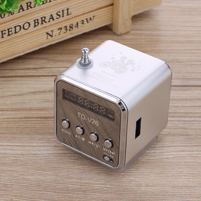 TD-V26 Mini Radio FM Altavoces digitales con receptor Compatible con tarjeta TF (Plata)