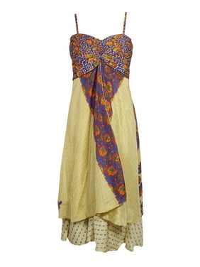 Mogul Women Beige Vintage Recycled Sari Printed Sundress Layered Spaghetti Strap Beach Summer Dresses S/M
