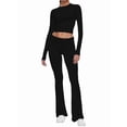 thumbnail image 2 of Women'S 2 Piece Matching Lounge Set Long Sleeve Slightly Crop Top Wide Leg Pants Casual Sweatsuit Black S, 2 of 8