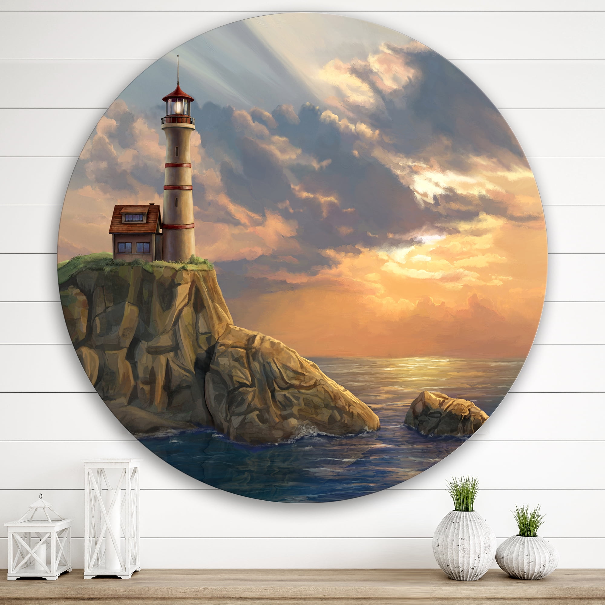 Designart 'Lighthouse On A Rocky Coastal Cliff At Evening Light' Nautical & Coastal Circle Metal Wall Art 29x29 - Disc of 29