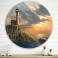 thumbnail image 2 of Designart 'Lighthouse On A Rocky Coastal Cliff At Evening Light' Nautical & Coastal Circle Metal Wall Art 36x36 - Disc of 36, 2 of 5