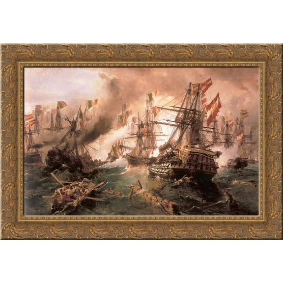 Naval battle at Lissa 24x18 Gold Ornate Wood Framed Canvas Art by Konstantinos Volanakis