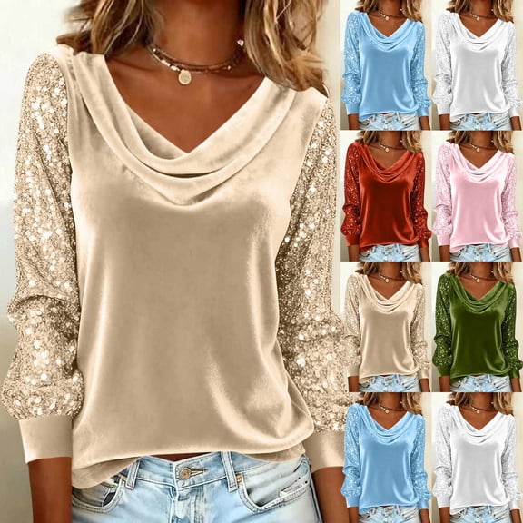 Miluxas Sequin Tops for Women Shinny Cowl Neck Sweatshirt Long Sleeve Sparkly Shirts Party Dressy Clothes Glitter Shirts White XL(XL)