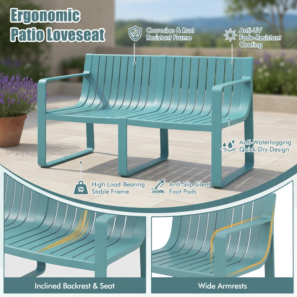 Hommoo Weather-Resistant 2-Person Outdoor Patio Loveseat Bench with Curved Backrest, Heavy-Duty PP Slatted Design for Deck, Poolside & Backyard, Blue