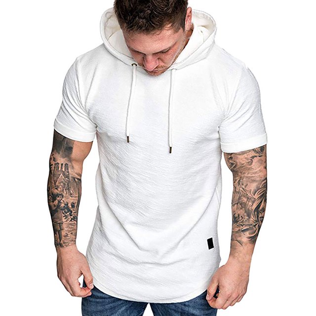 UKAP Chandails en Molleton pour Hommes Sweat à Capuche à Cordon Manches Longues Coupe Régulière Automne Hauts à Capuche Manches Courtes Blanc P