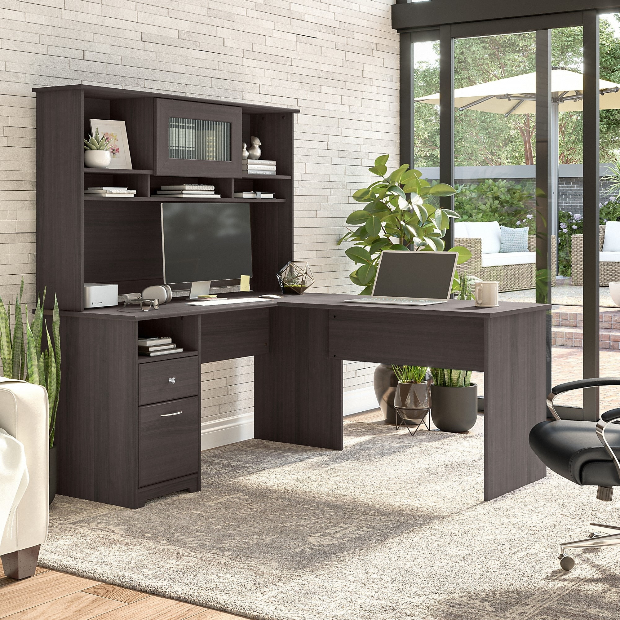 Bush Furniture Cabot 60W L Shaped Computer Desk with Hutch by Heather