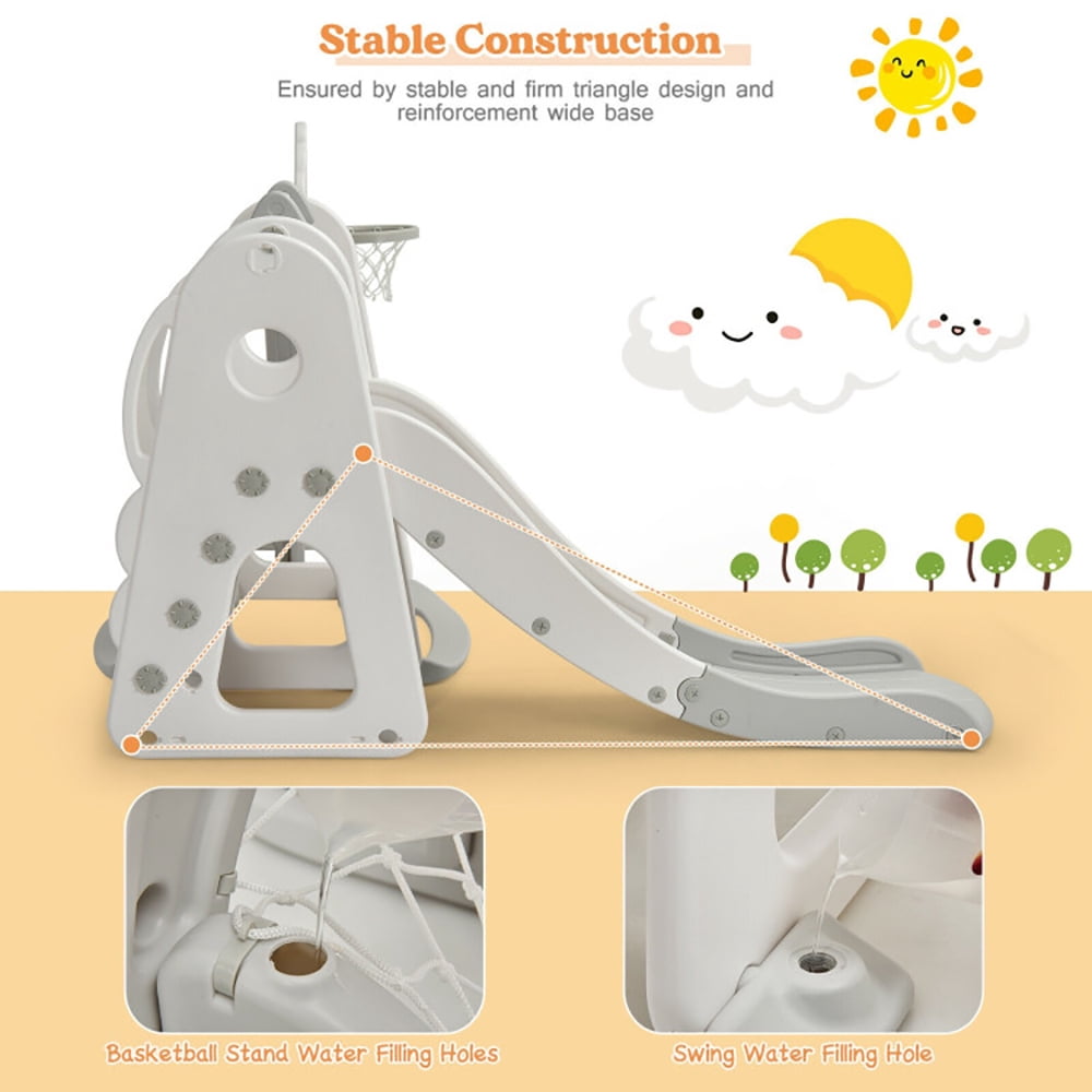 Demifill 6 in 1 Toddler Slide and Swing Set, Slide with Ball Games, Easy Set Up Playset for Indoor Outdoor Backyard, Safe Toy for Kids, White
