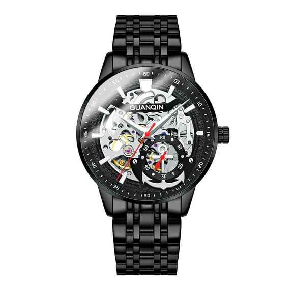 GUANQIN Skeleton Automatic Mechanical Men Wristwatch Business Stainless Steel Sapphire Crystal Waterproof Self-Winding Watch Luminous Chronograph