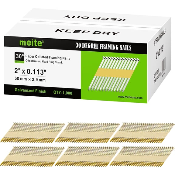 MEITE 30 Degree Framing Nails, Ring Shank, Offset Round Head, Paper Tape Collated, Galvanized, 1000 Count, 2-Inch x .113 Inch