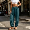 thumbnail image 2 of Zynoxe Womens Cotton Linen Pants Casual Pleated Elastic Waisted Drawstring Baggy Pants with Pockets Lounge Loose Fit Beach Vacation Pants Navy S, 2 of 8