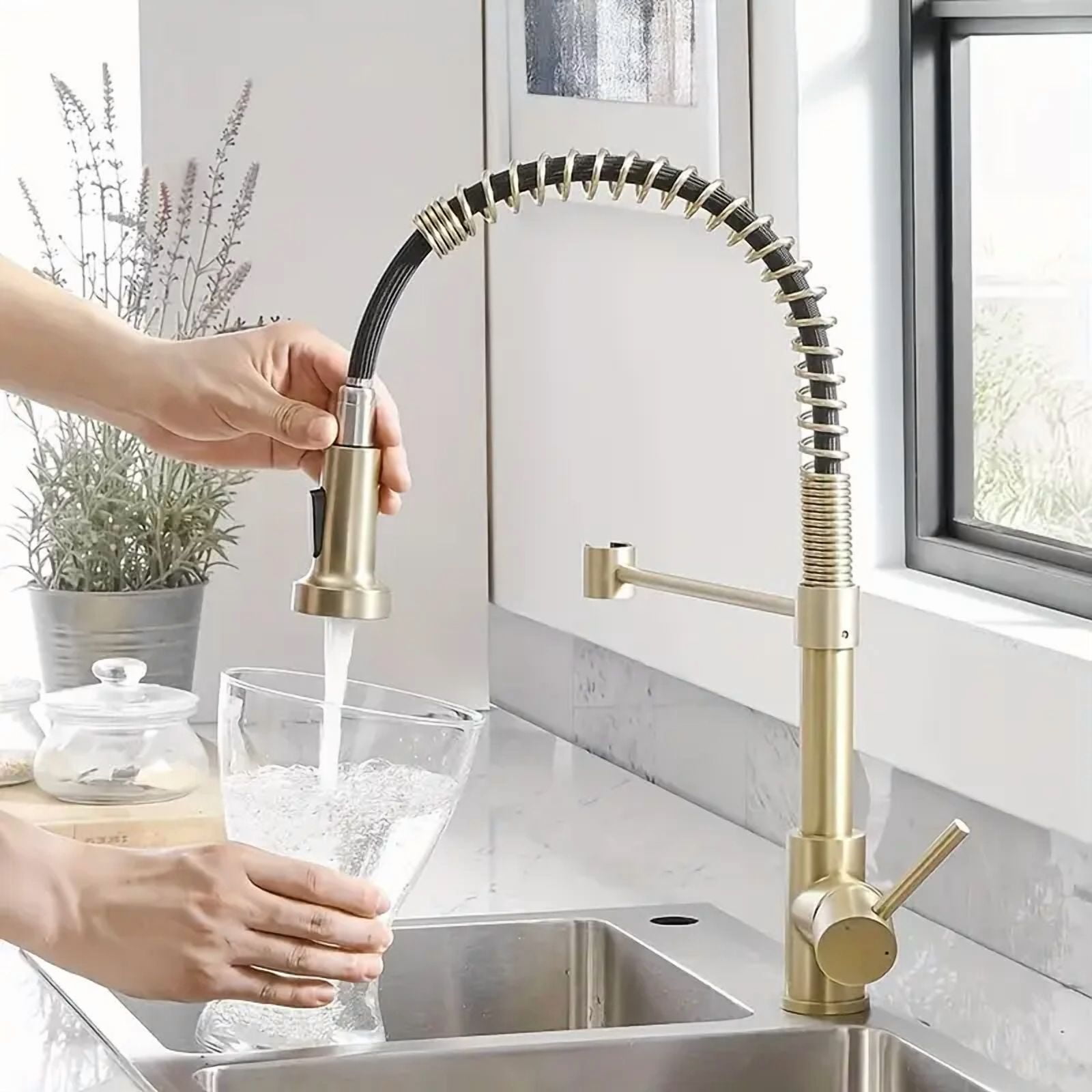 Brushed Gold Kitchen Faucet with Pull Down Sprayer Single Handle Spring Faucet