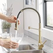 Brushed Gold Kitchen Faucet with Pull Down Sprayer Single Handle Spring Faucet