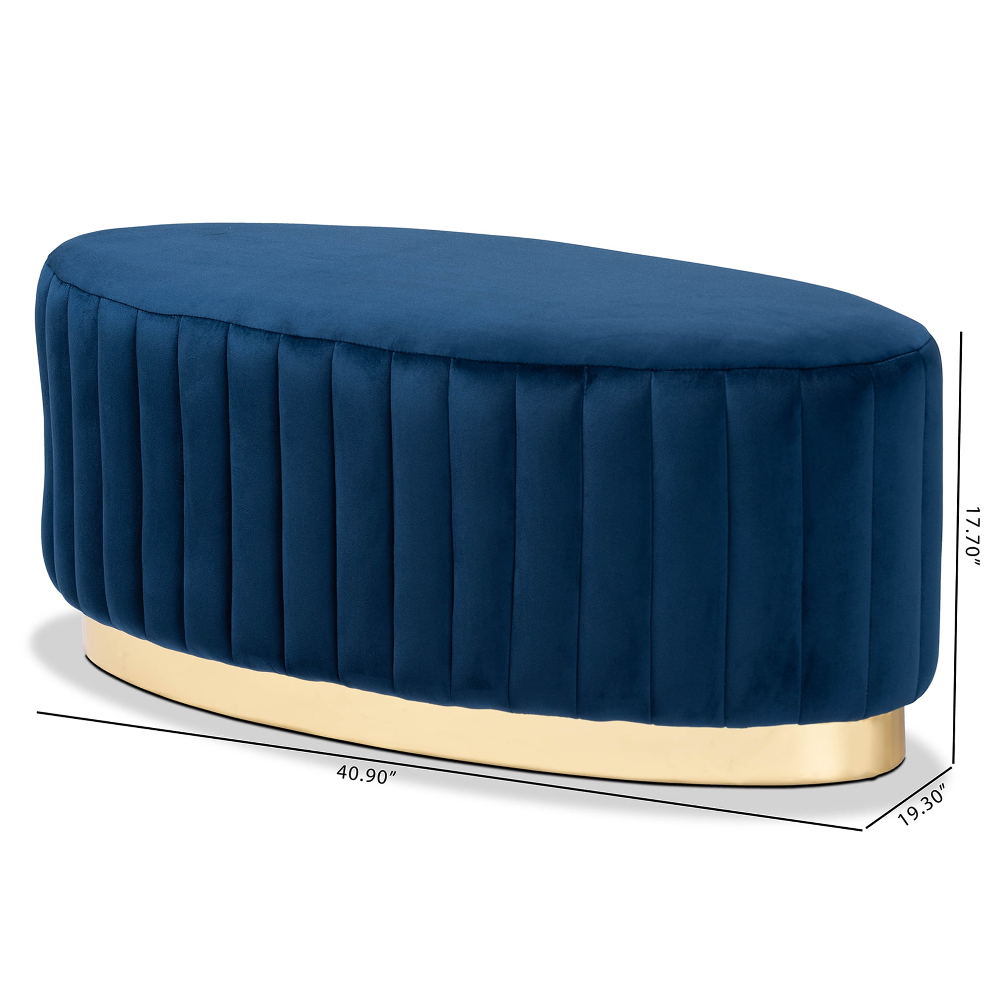 Baxton Studio Kirana Glam and Luxe Navy Blue Velvet Fabric Upholstered and Gold PU Leather Ottoman