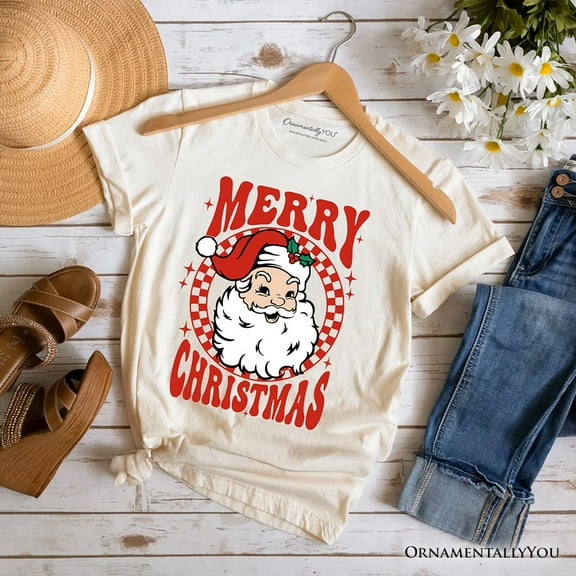 Merry Christmas Santa T‑Shirt, Retro Red Checkered Tee for Classic Holiday Season
