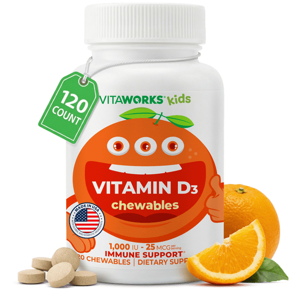 Vitaworks Kids Vitamin D 1000 IU, Dietary Supplement for Immune Support, 120 Chewables