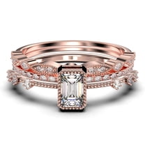 Art Deco 2.25 Carat Emerald Cut Diamond Moissanite Thin Engagement Ring, Slim Wedding Ring in 10k Solid Rose Gold, Trio Rings Set, Holiday Gift, Promise Ring, Anniversary Ring